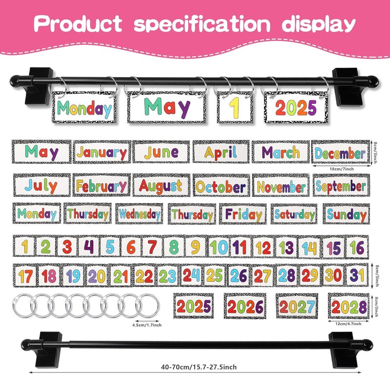 haffy Magnetic Rod Composition Notebooks Flip Calendar for Classroom Bulletin Board 57 pcs Lamination Cards Colorful Pastel Flip Calendar Adjustable Magnetic Rod (Composition) - Image 2